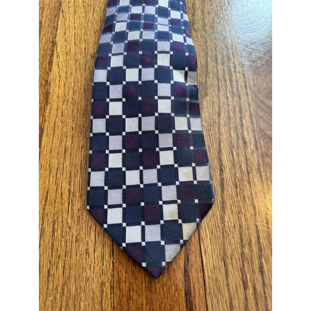 Joseph Abboud Silk Necktie Geometric Checkered Plum Blue Silver 3.5" x 59" Stain